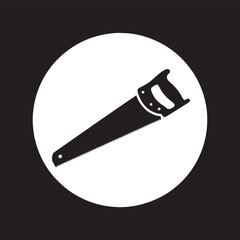 A graphic illustration of a hand saw with a black blade and handle on a white circle background