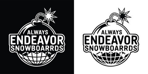 Black and white t shirt design with Always Endeavor Snowboards badge featuring exploding bomb, mountain, and globe for snowboard lifestyle branding