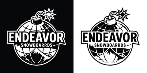 Bold monochrome t shirt design featuring Endeavor Snowboards emblem with globe, mountain, and bomb fuse for extreme winter sports branding