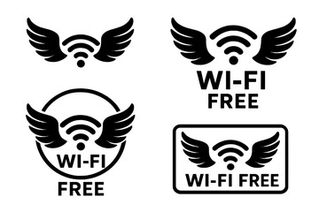 Free Wi-Fi icons set with wings. Wireless network connection symbol collection. Public internet hotspot zone sign. Vector illustration for accessible connectivity.