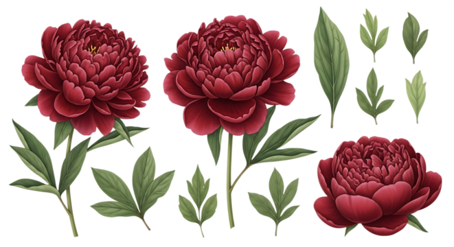 Beautifully illustrated burgundy peony flowers and green leaves Isolated on transparent background