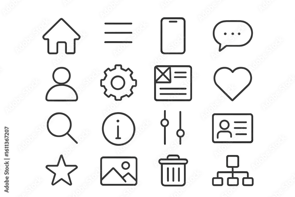 Poster linear ui ux icons set vector collection. minimalist line interface pictograms for web mobile app de