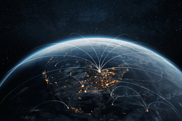 Night planet earth Americas countries with light lines of communication and connection. Business and finance, concept.  Global communications system and the World Wide Web. Technologies