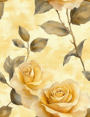 Beautiful seamless pattern of watercolor yellow roses and leaves on soft yellow background, creating elegant and timeless floral design
