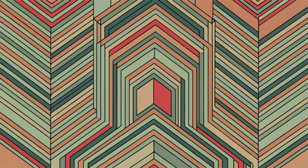 Abstract geometric pattern with layered, receding shapes in muted earth tones, creating a visually complex and symmetrical design.