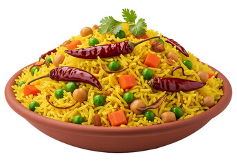 Delicious indian vegetable biryani with chilies and garnish in an earthenware bowl Isolated on transparent background