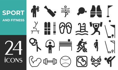 Sport and Fitness set of web icons in line style. Gym and fitness icons for web and mobile app. Healthy lifestyle, exercise, diet, nutrition, weight training, body care, workout.
