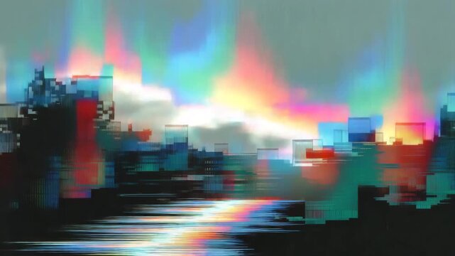 Abstract Digital Glitch Landscape with Pixel Noise and Color Distortion