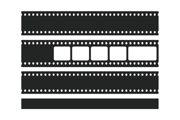 Vintage photographic film strips collection. Retro cinema movie filmstrip frames. Classic 35mm analog photography negatives. Vector illustration design elements set
