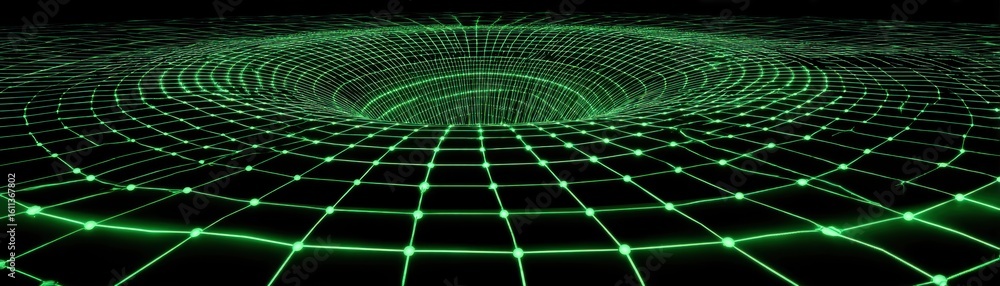 Poster a glowing green grid with curved lines forming a vortex or black hole-like structure in a digital, f