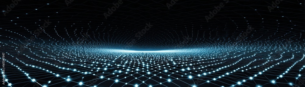 Poster digital grid pattern with glowing blue nodes forming a curved, wave-like surface on a black backgrou