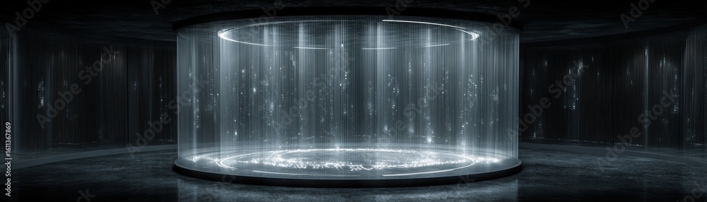 Poster a futuristic circular light installation with cascading vertical light strands in a dark, immersive 