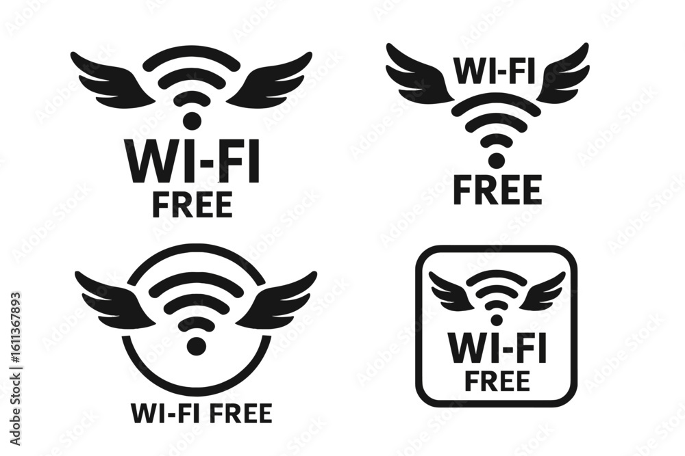 Poster wi-fi free wireless network icons set with wings symbol. public internet connection vector graphics.
