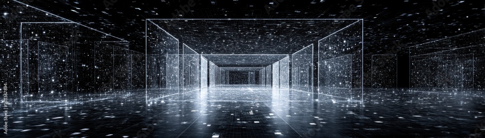 Poster a futuristic digital corridor with glowing white lines and scattered light particles, creating a sen