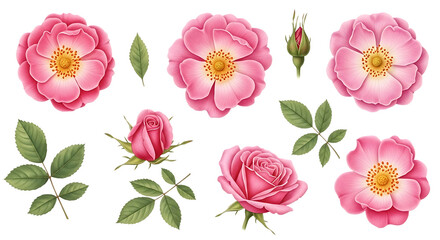 Elegant pink rose floral elements and green leaves Isolated on transparent background