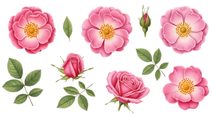 Elegant pink rose floral elements and green leaves Isolated on transparent background