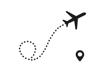 Flight route airplane silhouette dotted path travel journey destination location marker pin aviation transportation vector graphic illustration design