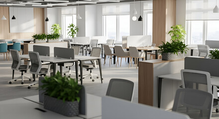 Bright and spacious modern open-plan office interior with contemporary furniture. Empty corporate coworking workspace.