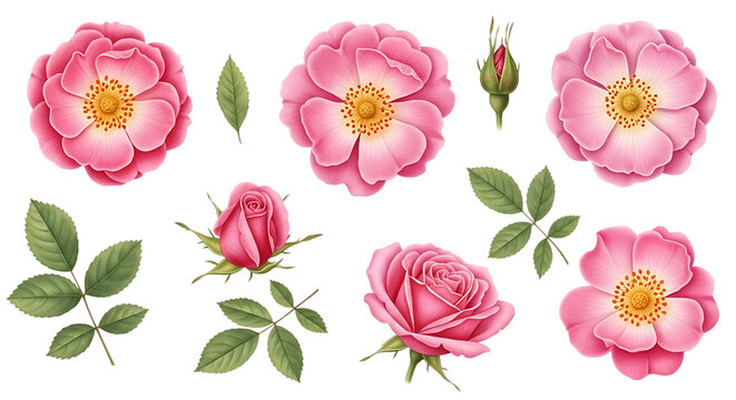 Elegant pink rose floral elements and green leaves Isolated on transparent background - Powered by Adobe
