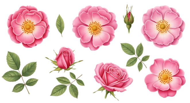 Elegant pink rose floral elements and green leaves Isolated on transparent background