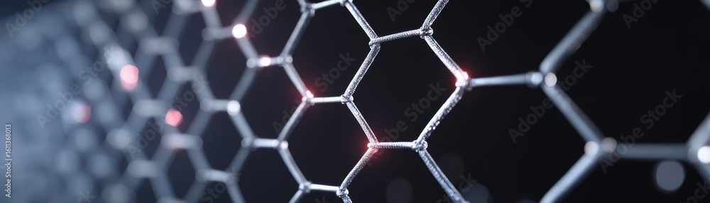 Poster close-up of a hexagonal molecular structure with glowing connection points against a dark background
