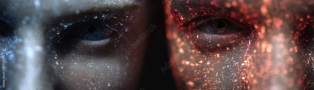 Poster close-up of two faces partially covered with digital, glowing light patterns in blue and red hues, c