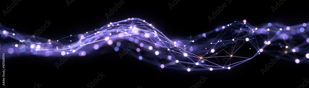 Poster a digital abstract wave of interconnected glowing nodes and lines, representing data flow or network