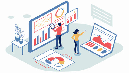 Isometric data analysis business intelligence dashboard charts graphs team collaboration and reporting insights