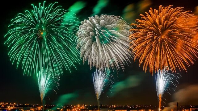 Bursts of green, white, and orange fireworks against a dark night sky, symbolising Ireland and Irish themed celebrations. Perfect for St. Patrick's Day and national holidays 