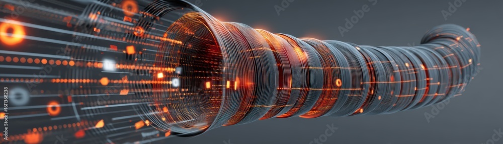 Poster a futuristic digital pipeline composed of interconnected glowing rings and circuits, representing da