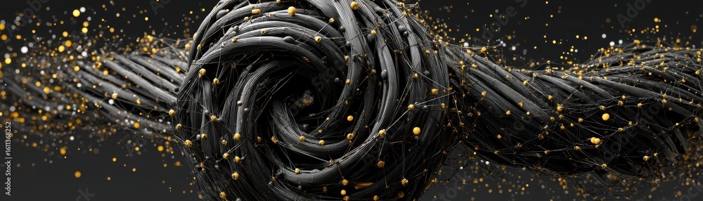 Poster abstract black twisted ribbons form a vortex with scattered golden particles on a dark background, c