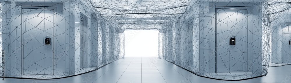 Poster a futuristic digital rendering of an elevator lobby with wireframe outlines highlighting the structu