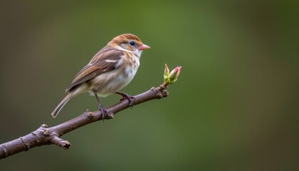 a small bird perched on a broken branch beginning to bud again, concept of recovery