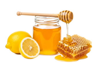 Fresh honey lemon comb and jar Isolated on transparent background with wooden honey dipper