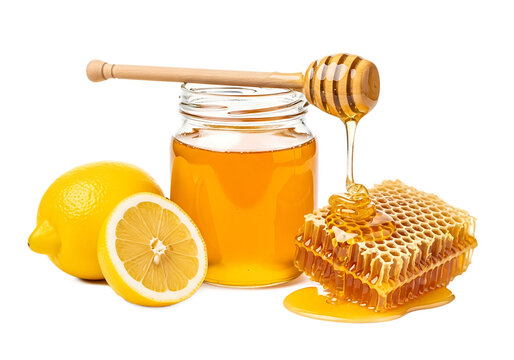 Fresh honey lemon comb and jar Isolated on transparent background with wooden honey dipper - Powered by Adobe