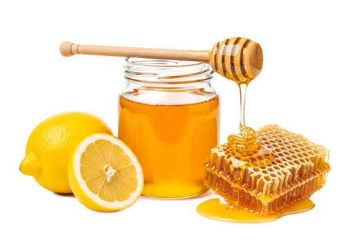 Fresh honey lemon comb and jar Isolated on transparent background with wooden honey dipper