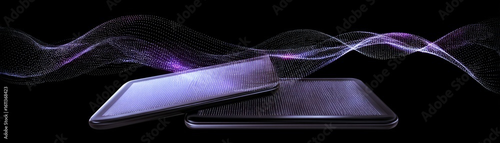 Poster two sleek smartphones face each other with a dynamic wave of glowing particles connecting them again