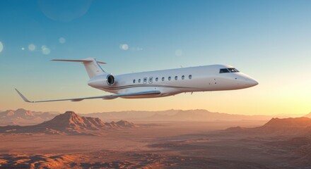 A private jet soars gracefully above a rugged, mountainous landscape during sunset.