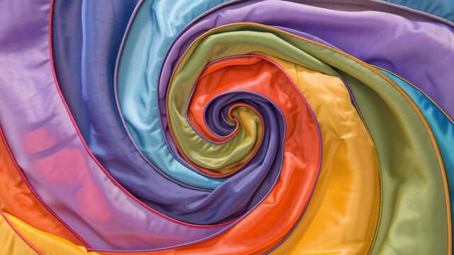 Hypnotic multicolour fractal spiral made from cloth fabric, descending motion towards centre, perfect for abstract backdrops and artistic themes 