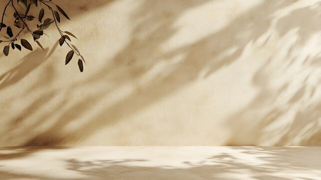 Sunlight casts leafy shadows on a textured wall