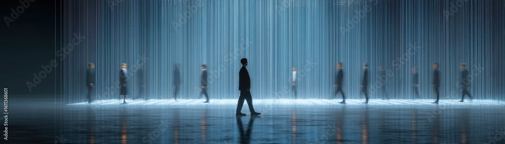 Poster a person walks through a futuristic installation of vertical light beams creating a surreal, illumin