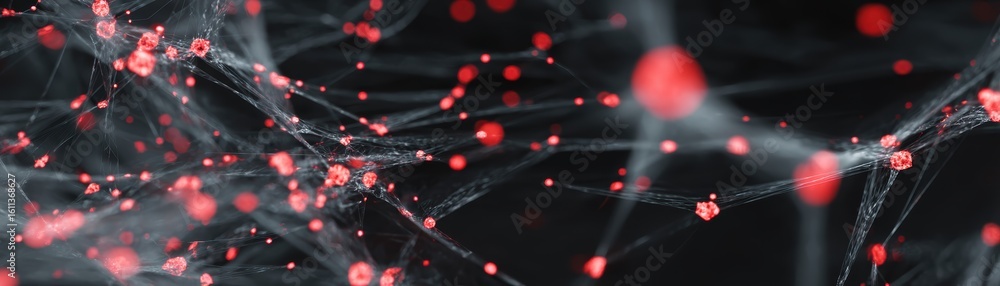 Poster a network of interconnected translucent strands with glowing red nodes against a dark background, re