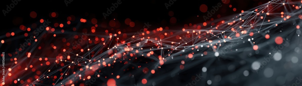 Poster abstract network of interconnected nodes and lines with glowing red dots on a dark background, symbo