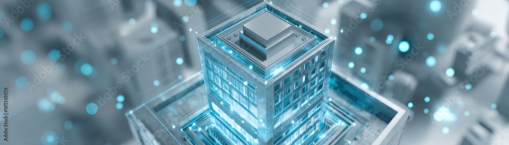 Poster a futuristic digital building model with glowing blue circuitry, representing advanced technology an