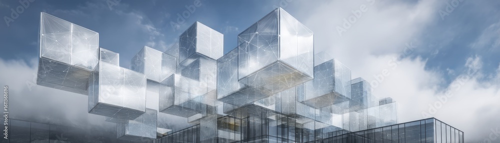 Poster transparent glass cubes floating above a modern building under a cloudy sky, creating a futuristic a
