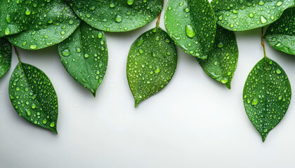 Fresh green leaves with water droplets create soothing and clean background, perfect for presentations or nature themed designs. vibrant foliage evokes sense of tranquility and freshness