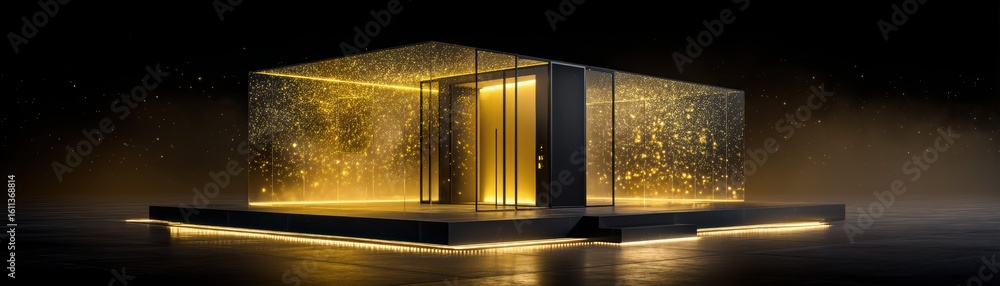 Poster a modern glass building illuminated with golden light and sparkling particles, creating a futuristic