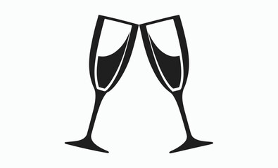Champagne glasses icon, celebration toast silhouette, sparkling wine graphic, Two glasses of champagne and bubbles