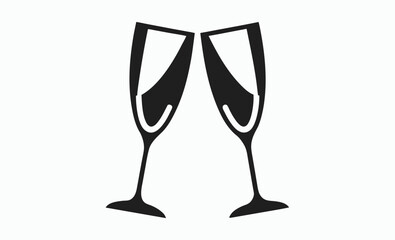 Champagne glasses icon, celebration toast silhouette, sparkling wine graphic, Two glasses of champagne and bubbles