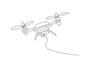 Flying drone aircraft in single outline illustration. Continuous line art drawing of drone fly.